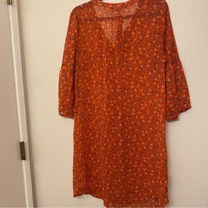 Old Navy red Orange print Long Sleeve tunic Dress fully sheer belt sash top L
